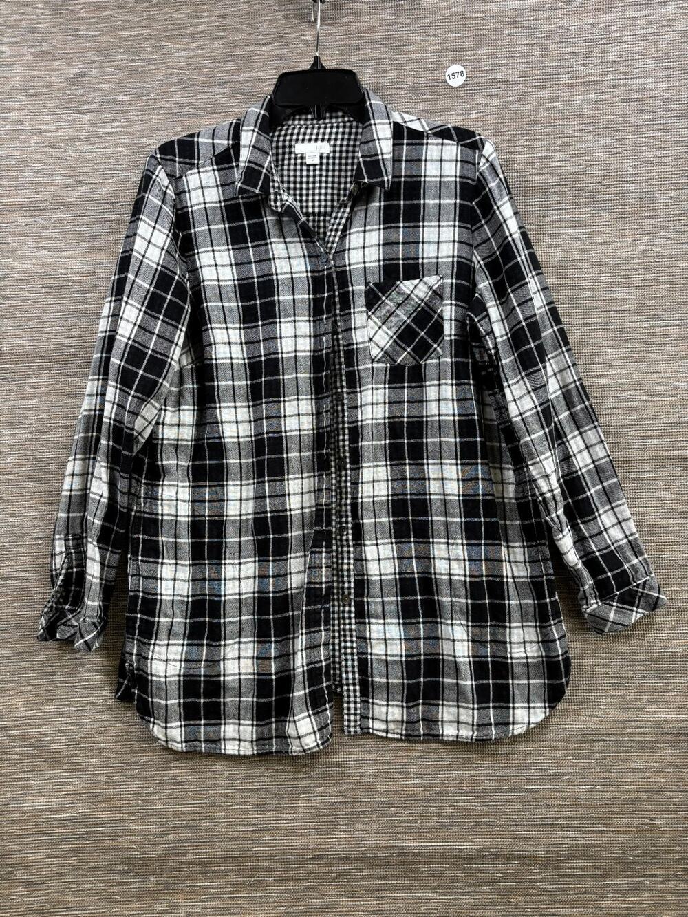 J.Jill Plaid Flannel Button Up Shirt Womens Size M Black White Long Sleeve